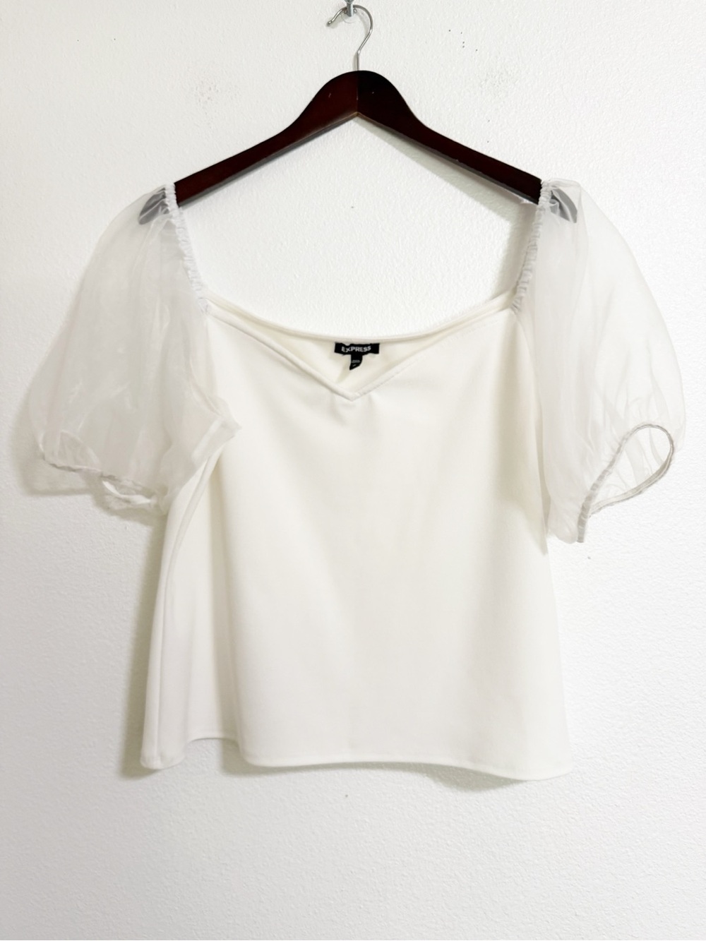 Express Organza Puff Sleeve Knit Top White Size XL